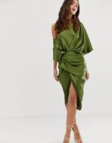 ASOS EDITION drape asymmetric midi dress in satin olive green