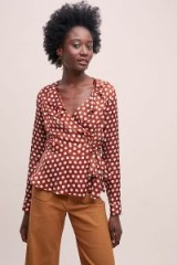 Second Female Paulette Spot-Print Wrap Blouse in Brown Motif ~ ruffle trimmed neckline