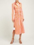 ALTUZARRA Claudia ruched gingham-jersey midi dress ~ orange and pink checks