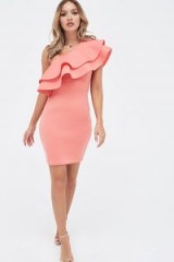 LAVISH ALICE double ruffle off shoulder scuba dress in papaya – dramatic party ruffles