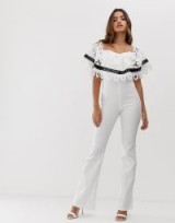 Forever U bardot jumpsuit with crochet lace trim in ivory ~ off the shoulder jumpsuits