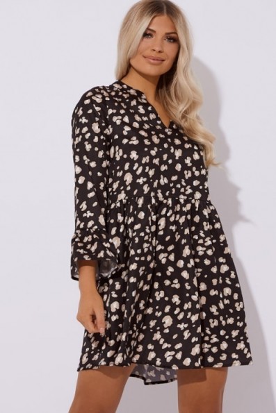 IN THE STYLE JULIETE BLACK LEOPARD PRINT SATIN SMOCK DRESS