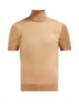 PRADA Logo-intarsia roll-neck wool sweater ~ tan short sleeve top