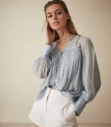 REISS MARINO SMOCK BLOUSE PALE BLUE ~ feminine semi sheer blouses