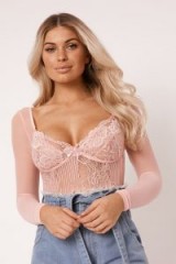 IN THE STYLE MIDORI BLUSH LACE WITH MESH SLEEVE BODYSUIT – semi sheer plunging bodysuits