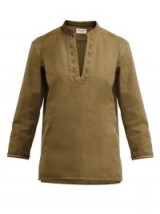 SAINT LAURENT Passementerie V-neck khaki-green cotton-blend top