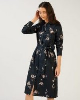 JIGSAW PETAL FRAGMENTS SHIRT DRESS IN BLACK / floral waist tie dresses