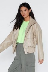 NASTY GAL Pocketful of Sunshine Faux Leather Jacket in Nude – slouchy drop shoulder jackets