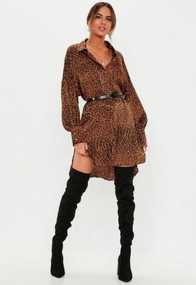 MISSGUIDED rust drop back leopard shirt dress ~ high-low hemline