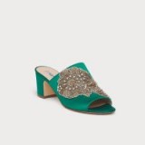 L.K. Bennett SABRINA CRYSTAL EMBELLISHED GREEN SATIN MULES ~ luxe evening mule