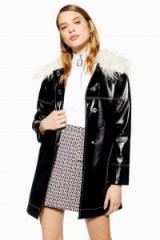 TOPSHOP Vinyl Coat in Black / shiny fur collared coats