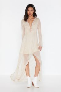 Nasty Gal All on Embroidered Lace-Up Maxi Dress in Cream – sheer overlay dresses