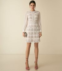 REISS ARIA GEOMETRIC LACE DRESS WITH SHEER SLEEVES WHITE ~ feminine event dresses