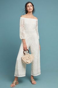 Farm Rio Elliot Off-the-Shoulder Jumpsuit in ivory ~ feminine bardot jumpsuits