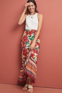 Farm Rio Wrapped Floral Skirt in red motif ~ mixed print maxi skirts