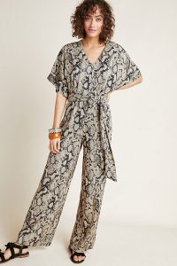 Seen Worn Kept Snake-Printed Jumpsuit in black motif ~ glamorous reptile print clothing