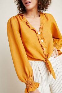 Maeve Narumi Ruffled Blouse Orange / frill trims / smock detail / front tie