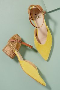 Kanna Jini Raffia-Trimmed Suede Heels Yellow / buckled ankle strap shoes / pointed toe