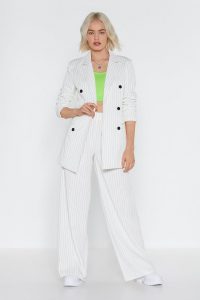 NASTY GAL Cut in Line Longline Pinstripe Blazer – white thin stripe jacket