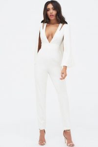 Lavish Alice cut out neck cape jumpsuit in white – plunging necklines