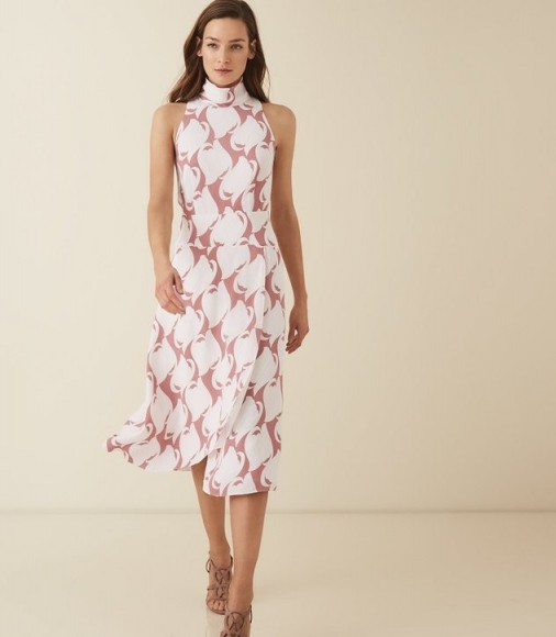 REISS DORIANA PRINT SWIRL PRINTED HIGH NECK MIDI DRESS PINK SWIRL ~ effortless style clothing ~ chic printed dresses