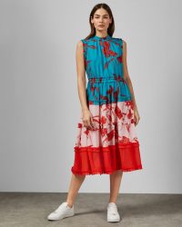 TED BAKER CAMELIS Fantasia tiered midi dress in turquoise / frill trimmed dresses