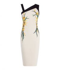 KAREN MILLEN Floral Bodycon Dress in Cream / Multi ~ asymmetric necklines