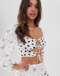 For Love & Lemons Lucia cropped top in white / florals and hearts