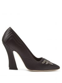 FENDI Freedom crystal-logo square-toe satin pumps in black ~ sculptural court shoes