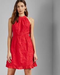 TED BAKER LORENE Halter neck skater embroidery dress in red / embroidered flowers