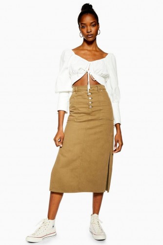 Topshop Khaki Midi Denim Skirt | casual side slit skirts