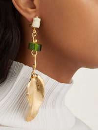 MARNI Leaf and bead-embellished drop clip earrings ~ green and gold statement drops