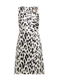 CALVIN KLEIN 205W39NYC Leopard-print crystal brooch silk dress in black and white ~ vintage style glamour