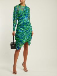 PREEN BY THORNTON BREGAZZI Lynn devoré silk-blend dress in green ~ ruched design ~ asymmetric hemline