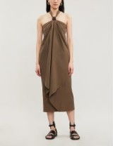 Draped halter neck dresses ~ MAX MARA Egle ruched leather-trimmed cotton-poplin halterneck dress in kaki