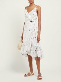 JULIET DUNN Mirror-embroidered ruffle cotton midi dress in white ~ thin strap vacation dresses