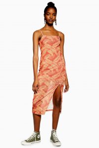 Topshop Palm Mesh Slip Dress in Rust | front slit cami dresses