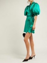 ALESSANDRA RICH Puff-sleeve silk-charmeuse wrap dress in green ~ oversized puffed sleeves