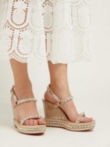 CHRISTIAN LOUBOUTIN Pyradiams 110 studded cork wedge sandals in silver ~ luxe wedges