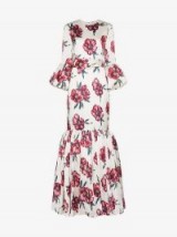 Rebecca De Ravenel Floral Bell Sleeved Floor Length Patio Dress in White / flared hem maxi / long occasion dresses