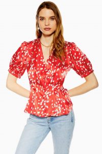 TOPSHOP Red Pleated Dalmation Print Blouse