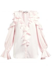 ALEXANDER MCQUEEN Ruffle-trim cut-out shoulder pink silk blouse ~ cold shoulder design