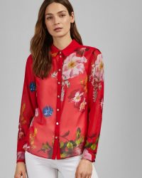 TED BAKER EEVILIN Shirring frill detail shirt in red / bright floral shirts