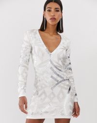 Starlet allover embellished plunge front mini dress in white ~ glam party bodycon