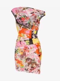 Versace Floralmania Print Draped Mini Dress / asymmetric neckline bodycon