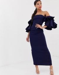 Yaura bardot exaggerated frill sleeve maxi dress in navy – off the shoulder party wear