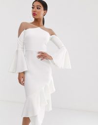 Yaura sheer insert ruffle frill hem midi dress in white – frill trimmed party dresses