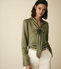 ADELINE BURNOUT DETAIL BLOUSE KHAKI ~ green draped neck tie blouses