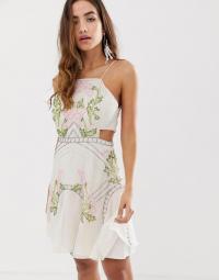 ASOS DESIGN mini dress in floral sequin with flippy skirt in cream – strappy party dresses