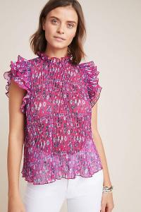 ANTHROPOLOGIE Frieda Blouse in Purple Motif / floral flutter sleeve top